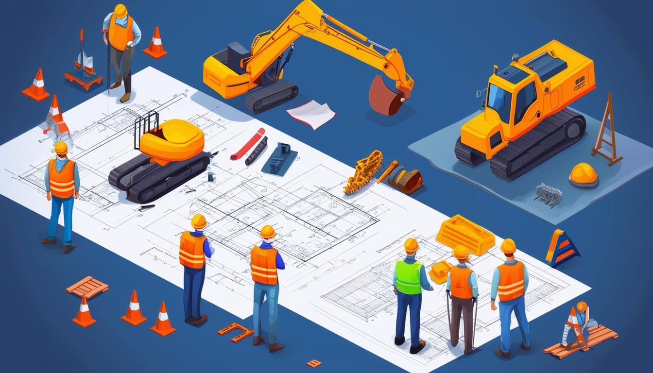 An image of a construction site with workers in hard hats, blueprints, and heavy machinery