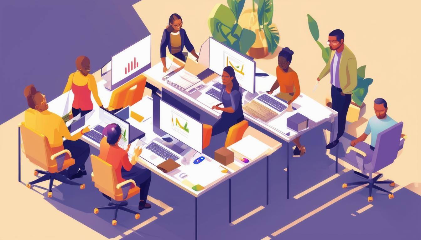 An image of a diverse group of entrepreneurs working together in an office setting like a nonprofit