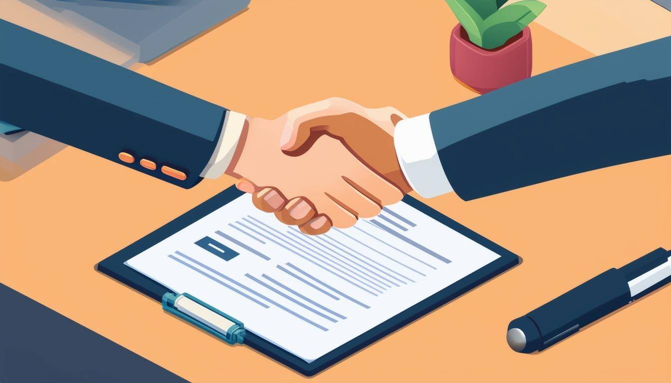 An image of two business professionals shaking hands over a contract document on a desk